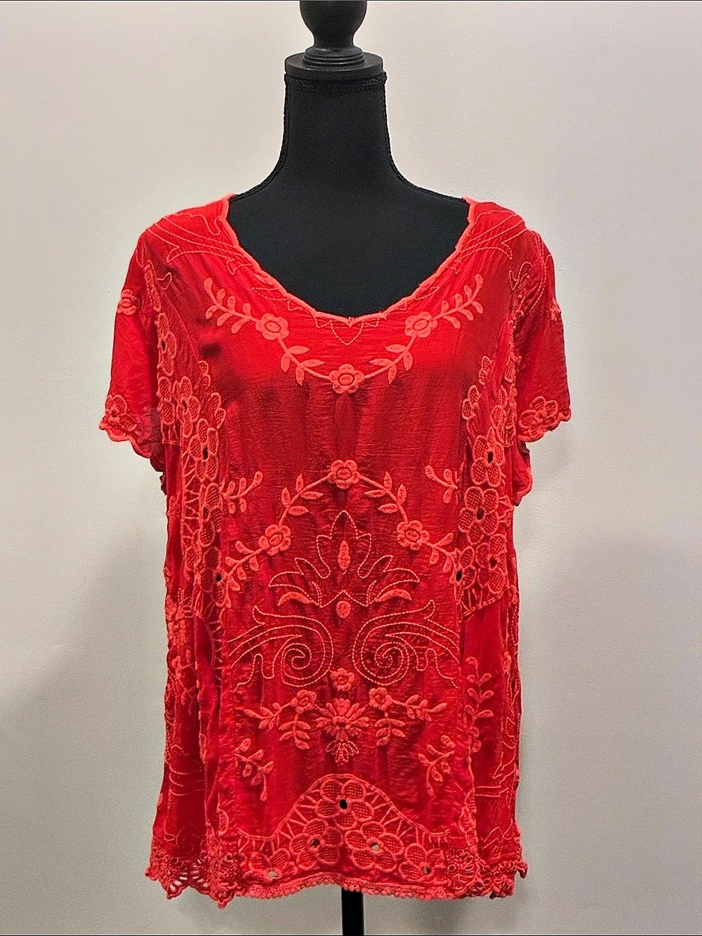 Johnny Was Red Floral Embroidered Tunic